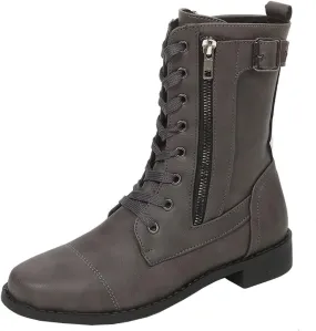 oiangi Womens Winter Boots 2022 Fashion Round Toe Lace Up Side Zipper Belt Buckle Block Chunky Low Heel Mid Calf Boots Solid Dressy Casual Comfy Ladies Shoes