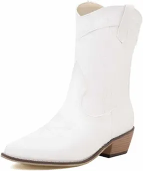 OMEARK Women's Cowboy Western Boots, Fashion Square Toe Faux PU Embroidered Wide Ankle-High Calf Boot, Winter Block Heel Ankle Chelsea Boots