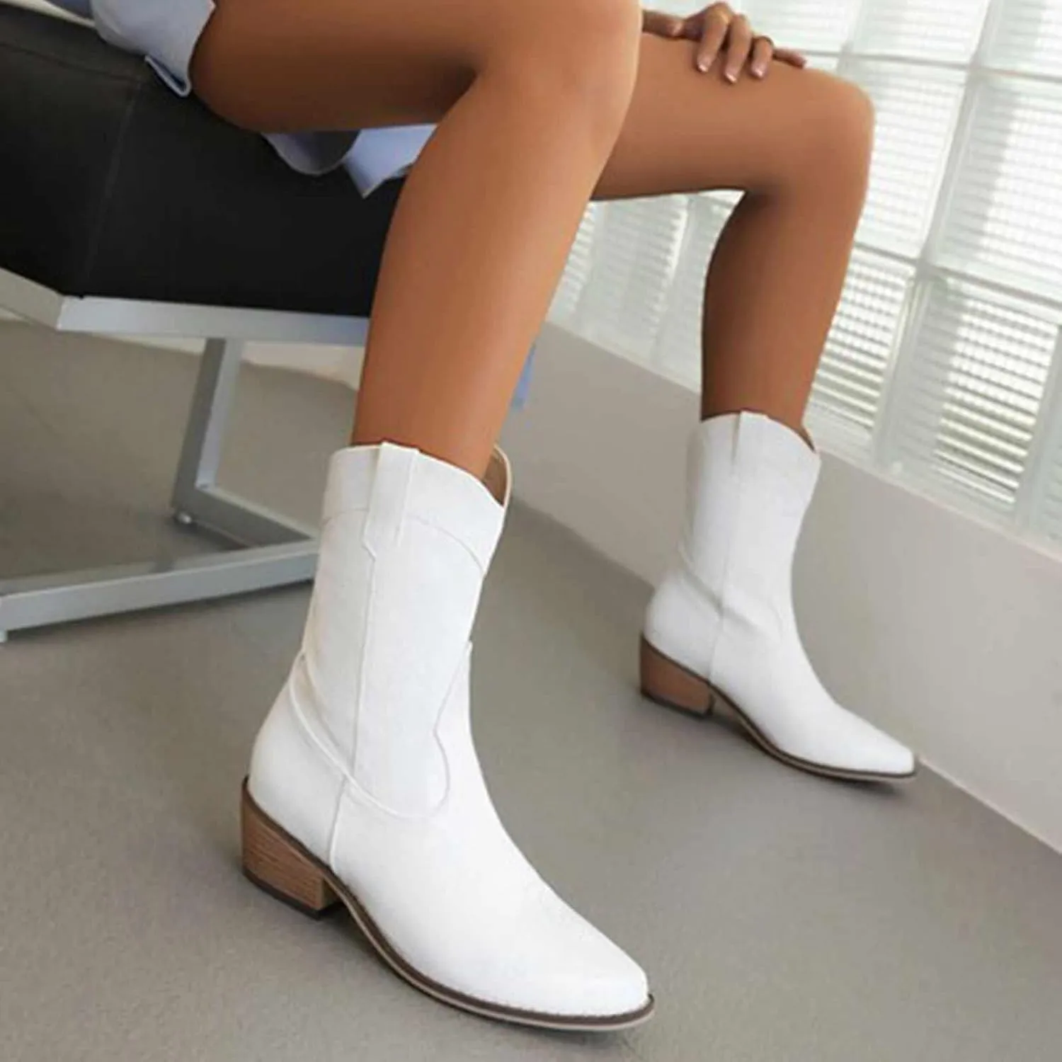 OMEARK Women's Cowboy Western Boots, Fashion Square Toe Faux PU Embroidered Wide Ankle-High Calf Boot, Winter Block Heel Ankle Chelsea Boots
