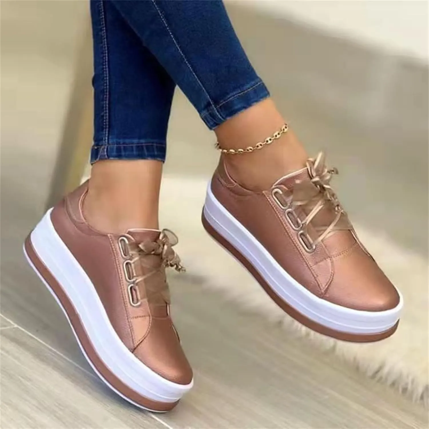 Sneakers for Women Walking Shoes Wide Width Women's Fashion Sneaker Leather Slip on Walking Shoes Dressy Casual Summer Comfortable Lace Up Low Top Platform Flats Loafers Rosegold