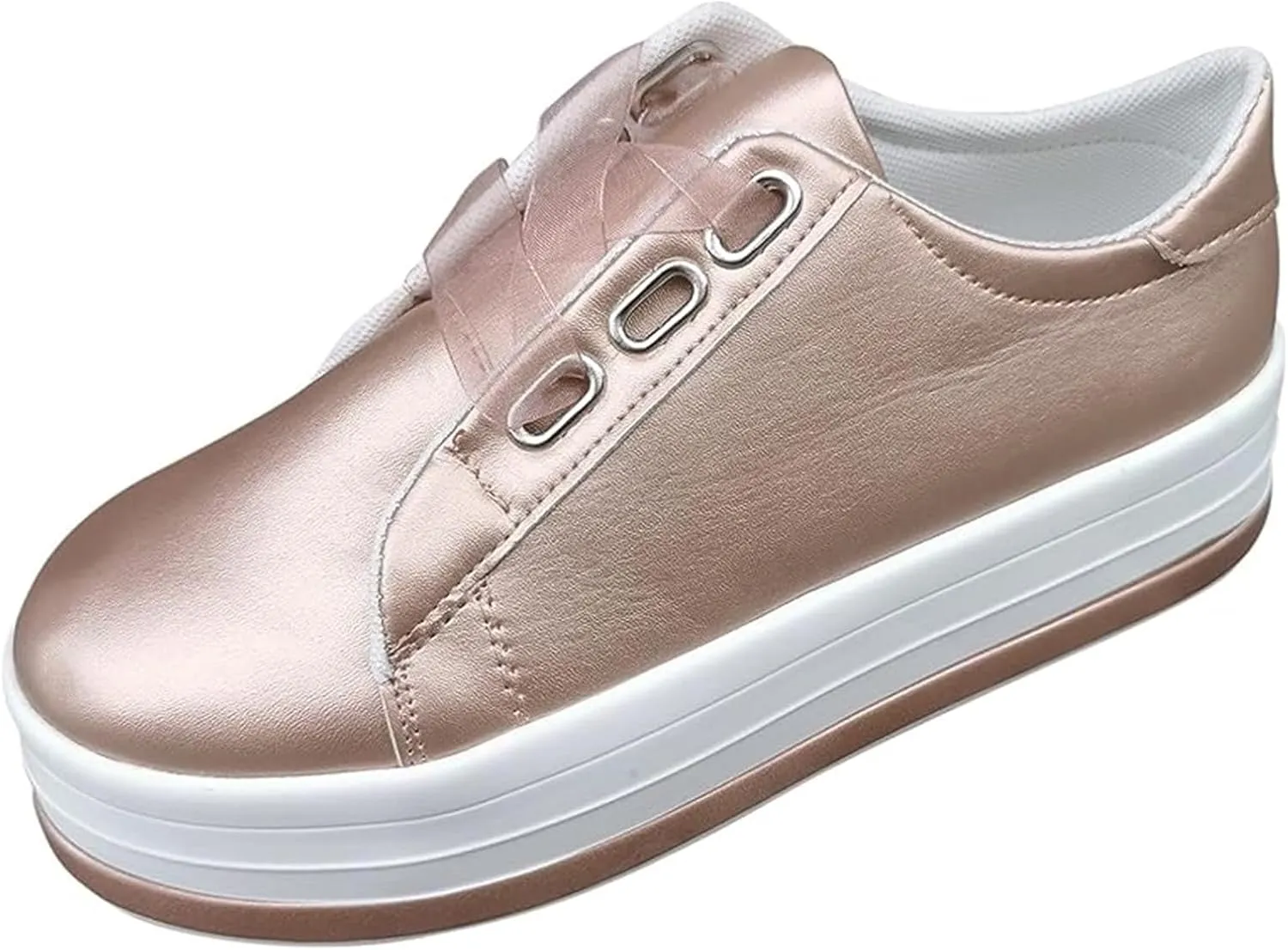 Sneakers for Women Walking Shoes Wide Width Women's Fashion Sneaker Leather Slip on Walking Shoes Dressy Casual Summer Comfortable Lace Up Low Top Platform Flats Loafers Rosegold