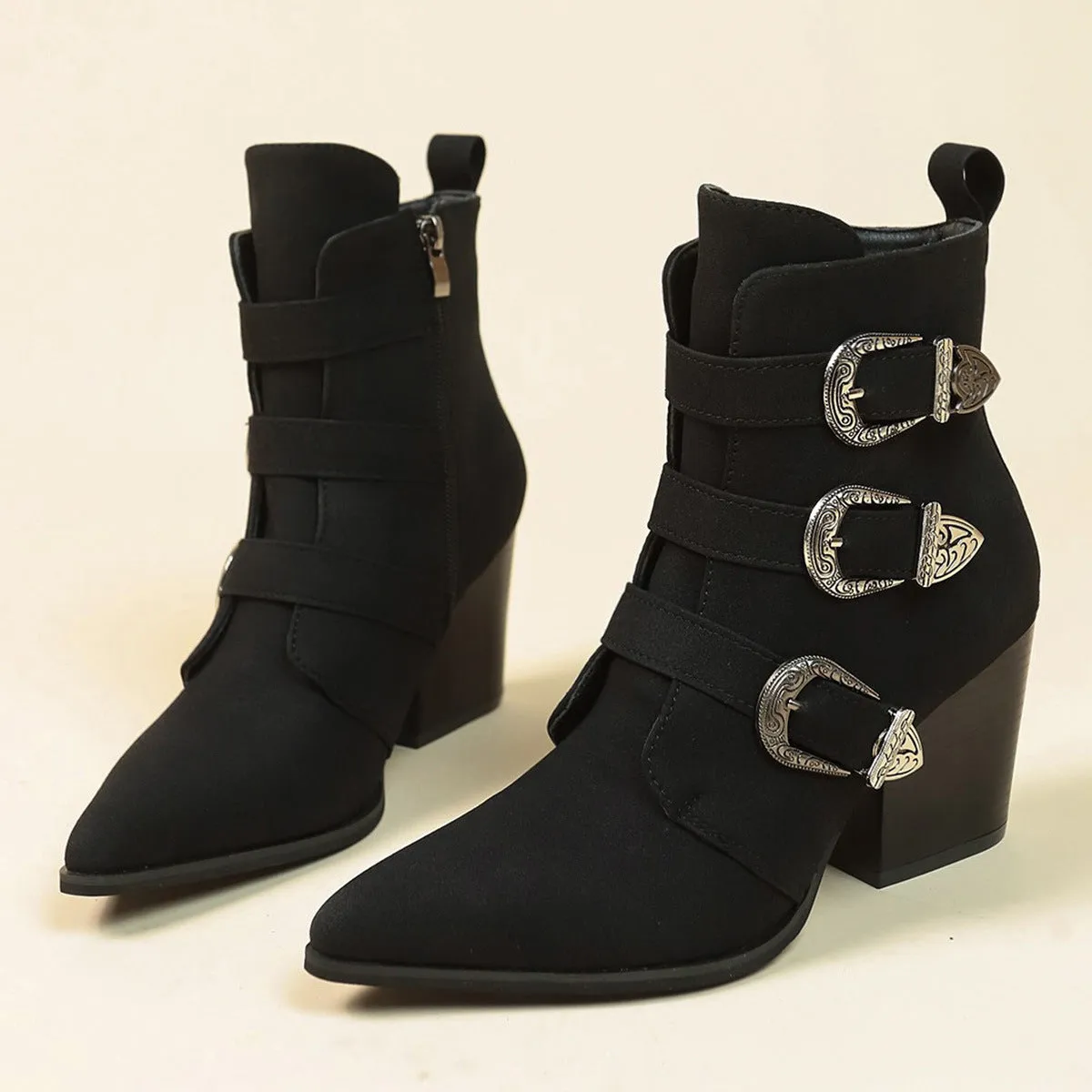 Toe Boots  Chunky Heel Pointed Toe Boots With Belt Buckle Design Retro Mid-calf Boot Fashion Fall Winter Shoes For Women