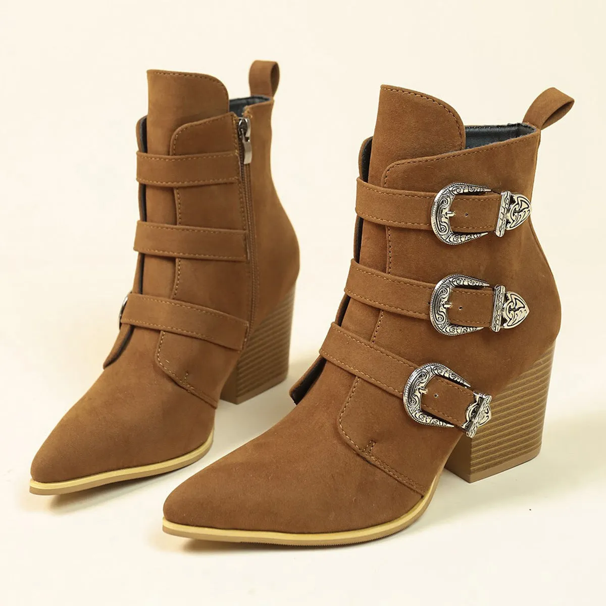 Toe Boots  Chunky Heel Pointed Toe Boots With Belt Buckle Design Retro Mid-calf Boot Fashion Fall Winter Shoes For Women