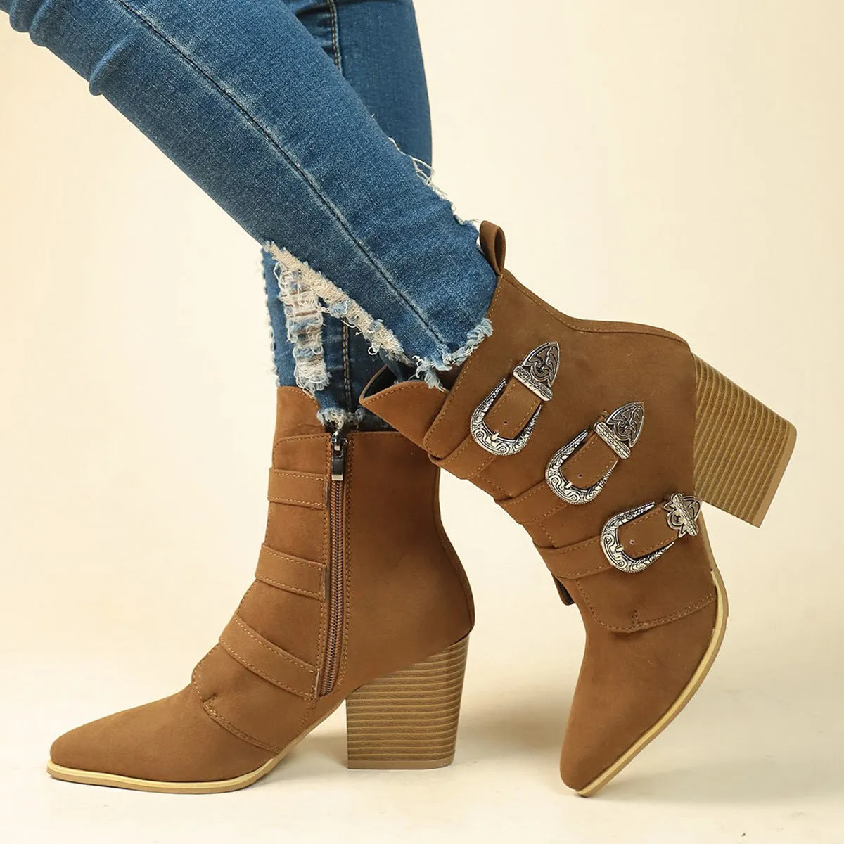 Toe Boots  Chunky Heel Pointed Toe Boots With Belt Buckle Design Retro Mid-calf Boot Fashion Fall Winter Shoes For Women