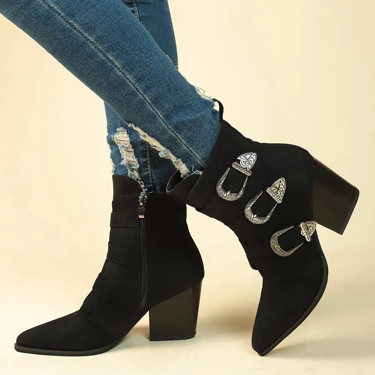 Toe Boots  Chunky Heel Pointed Toe Boots With Belt Buckle Design Retro Mid-calf Boot Fashion Fall Winter Shoes For Women