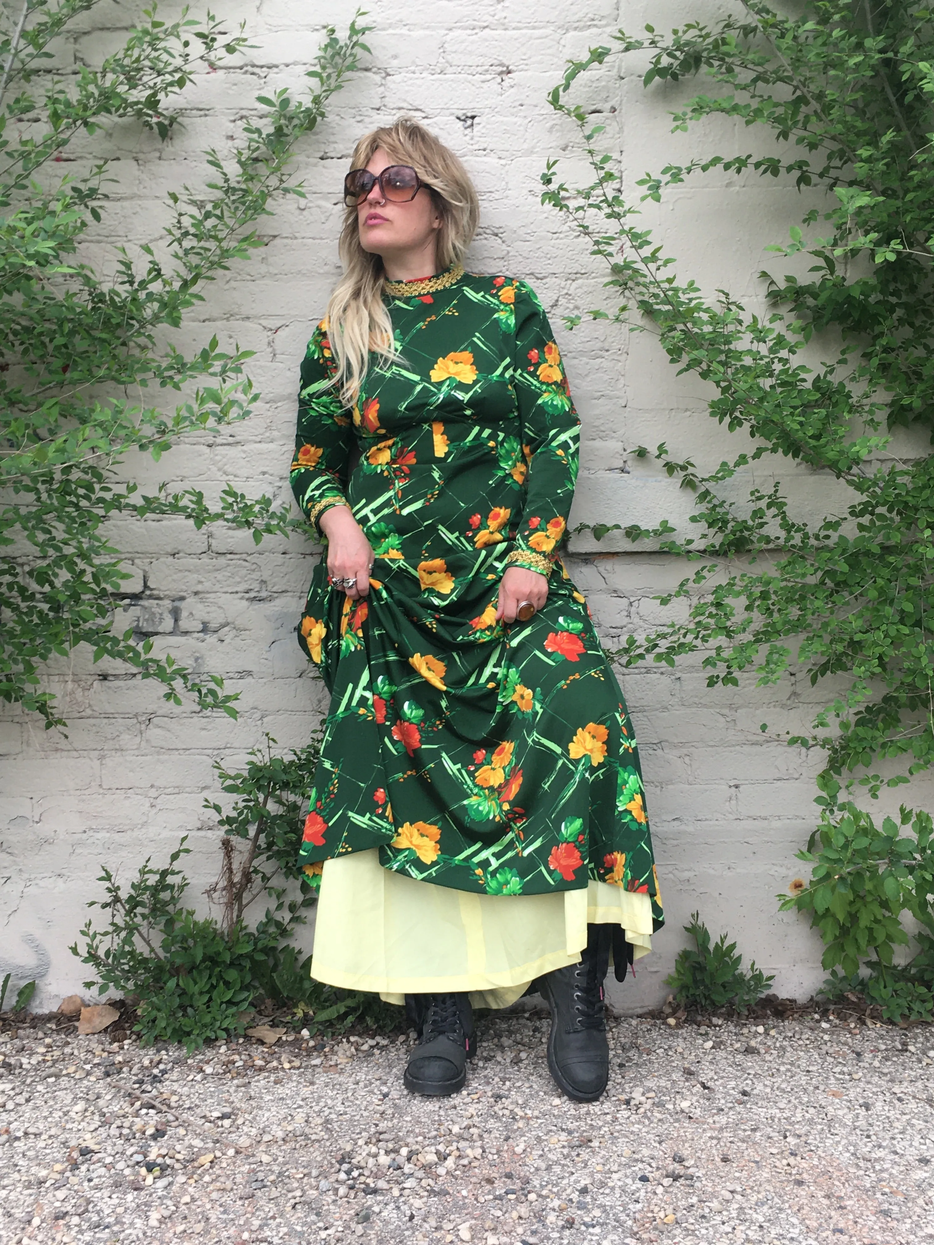 Vintage 70's Medieval Revival Green Floral Print Maxi Dress