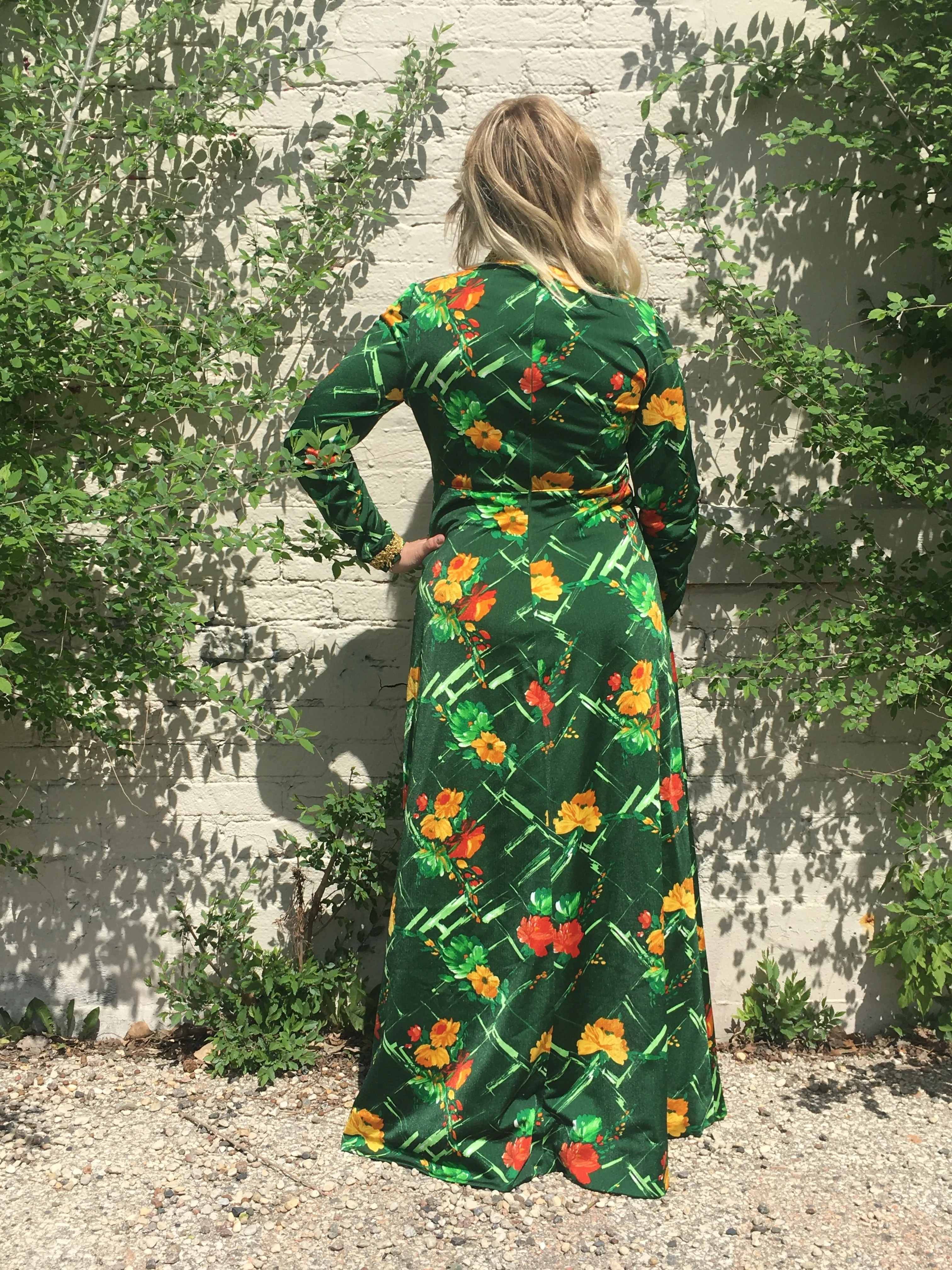 Vintage 70's Medieval Revival Green Floral Print Maxi Dress