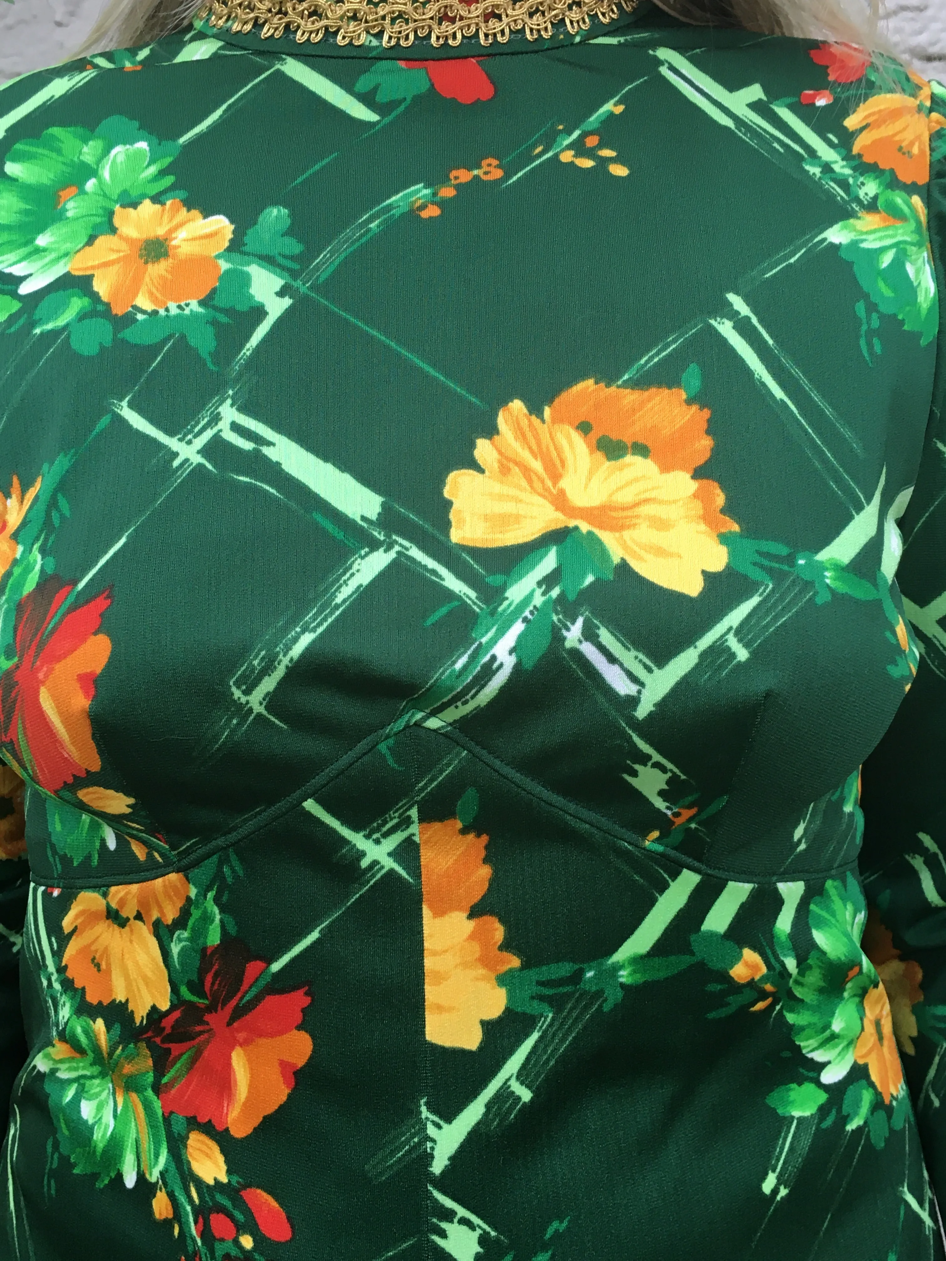 Vintage 70's Medieval Revival Green Floral Print Maxi Dress
