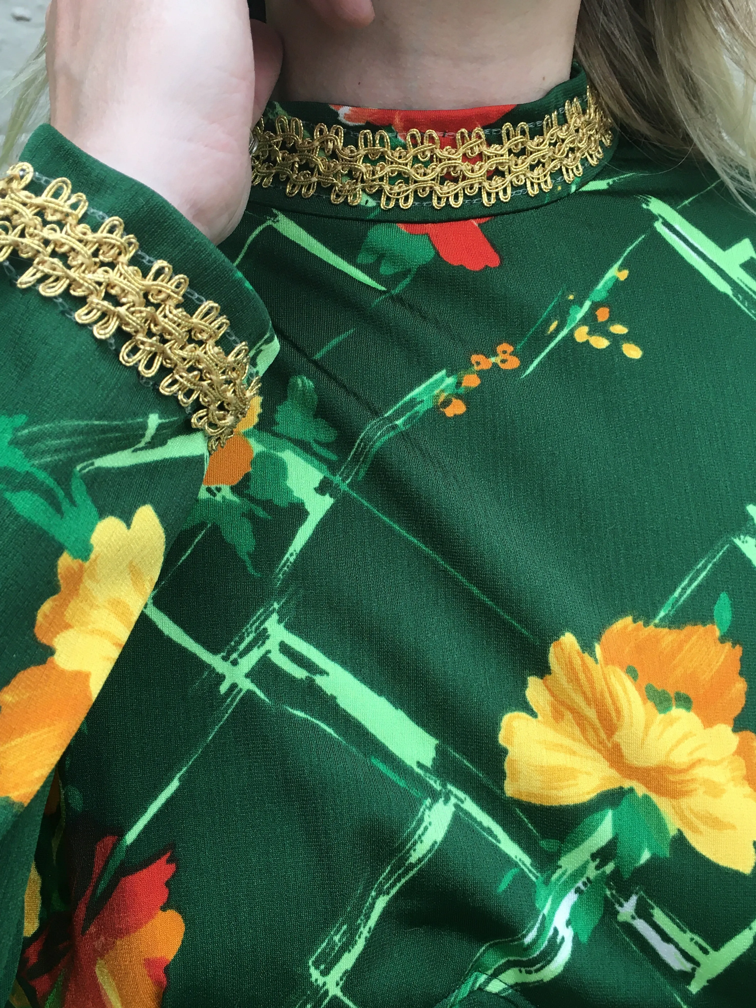 Vintage 70's Medieval Revival Green Floral Print Maxi Dress