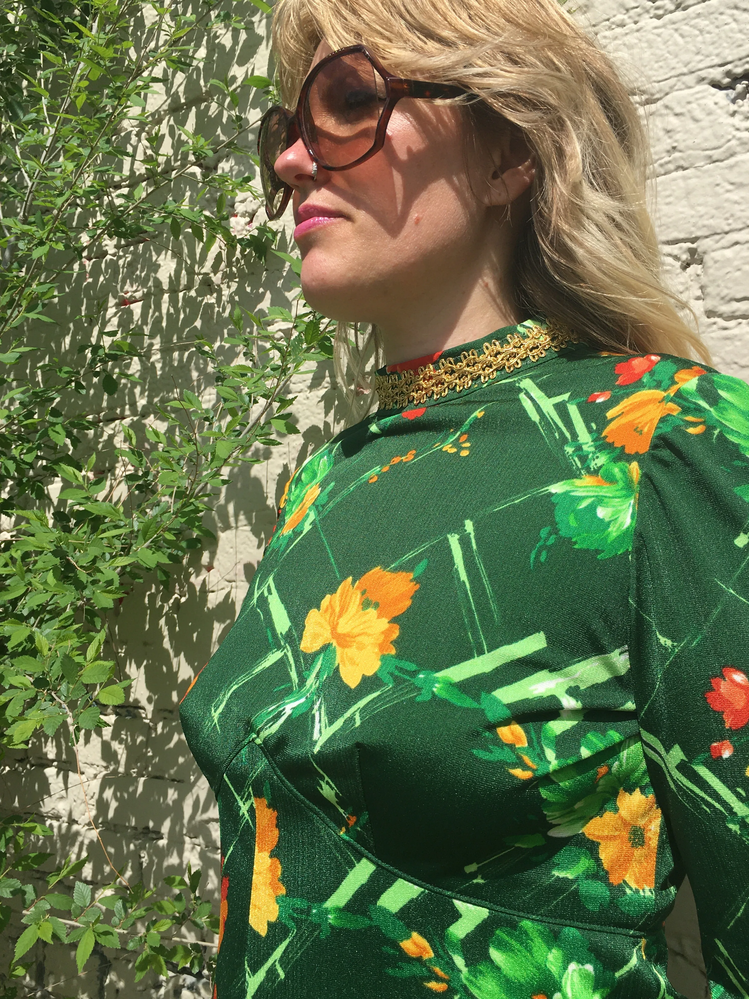 Vintage 70's Medieval Revival Green Floral Print Maxi Dress