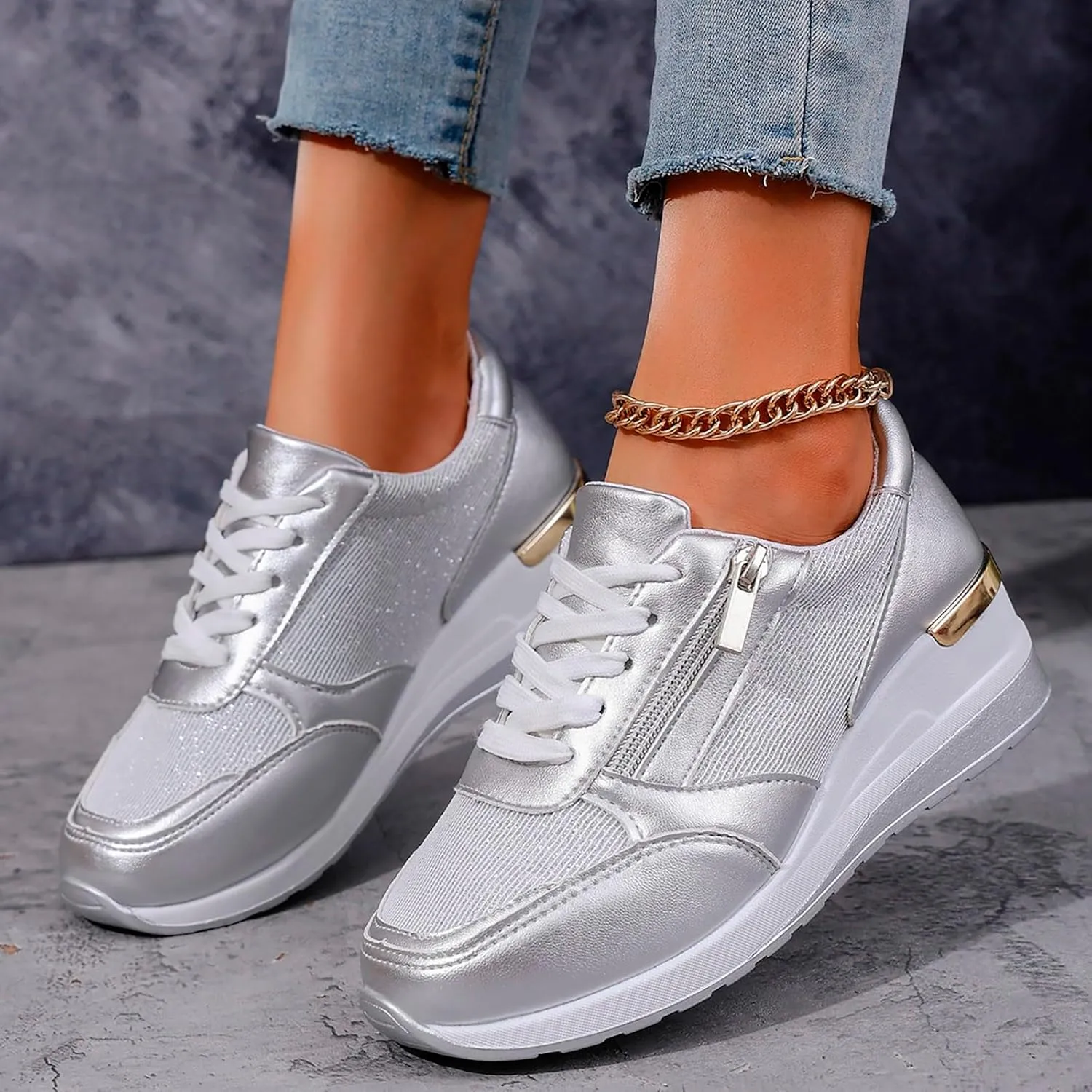 Walking Shoes for Women Low-Top Slip Ons Air Cushioned Lace Up Zipper Sparkly Fashion Casual Shoes Arch Support Jogging Tennis Sneaker Plantar Fasciitis Breathable Comfy Lightweight Shoe