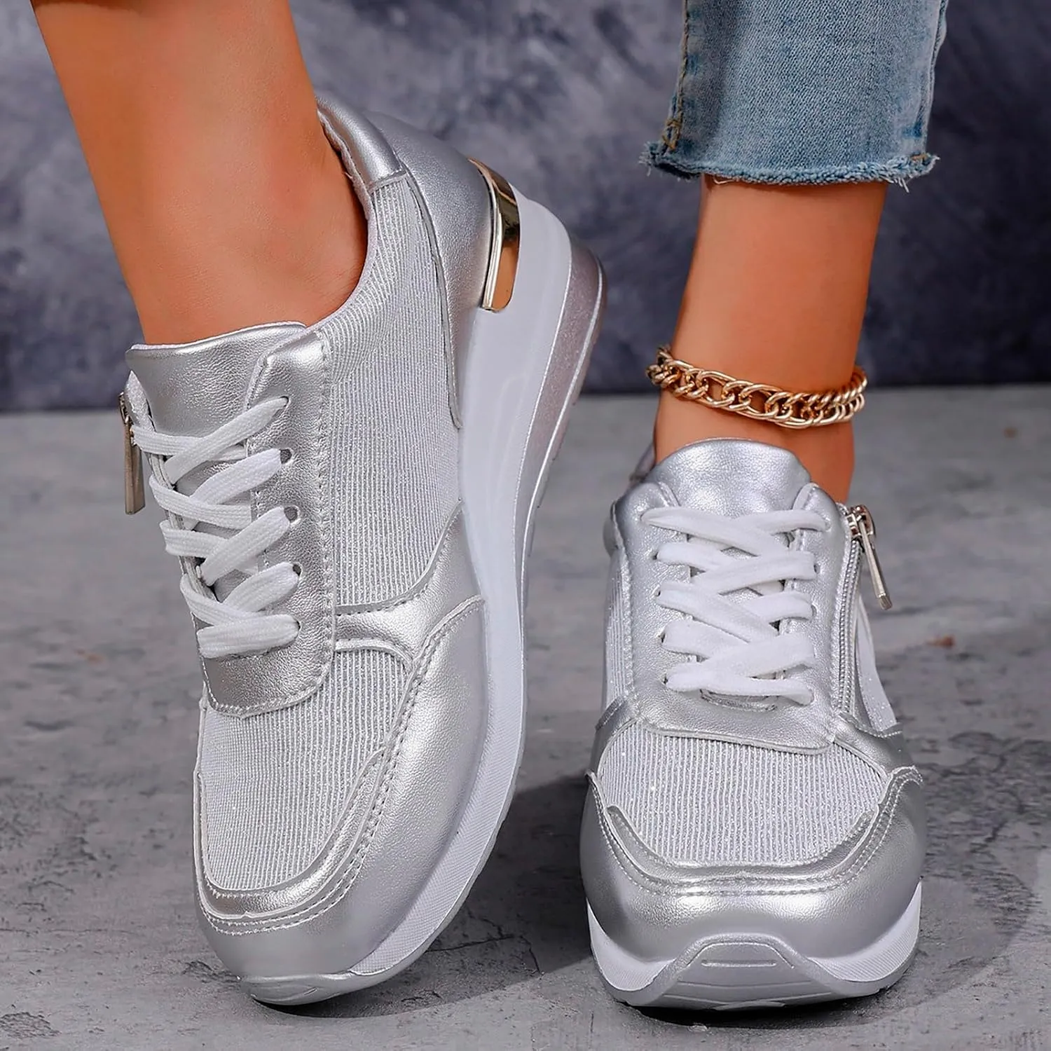Walking Shoes for Women Low-Top Slip Ons Air Cushioned Lace Up Zipper Sparkly Fashion Casual Shoes Arch Support Jogging Tennis Sneaker Plantar Fasciitis Breathable Comfy Lightweight Shoe