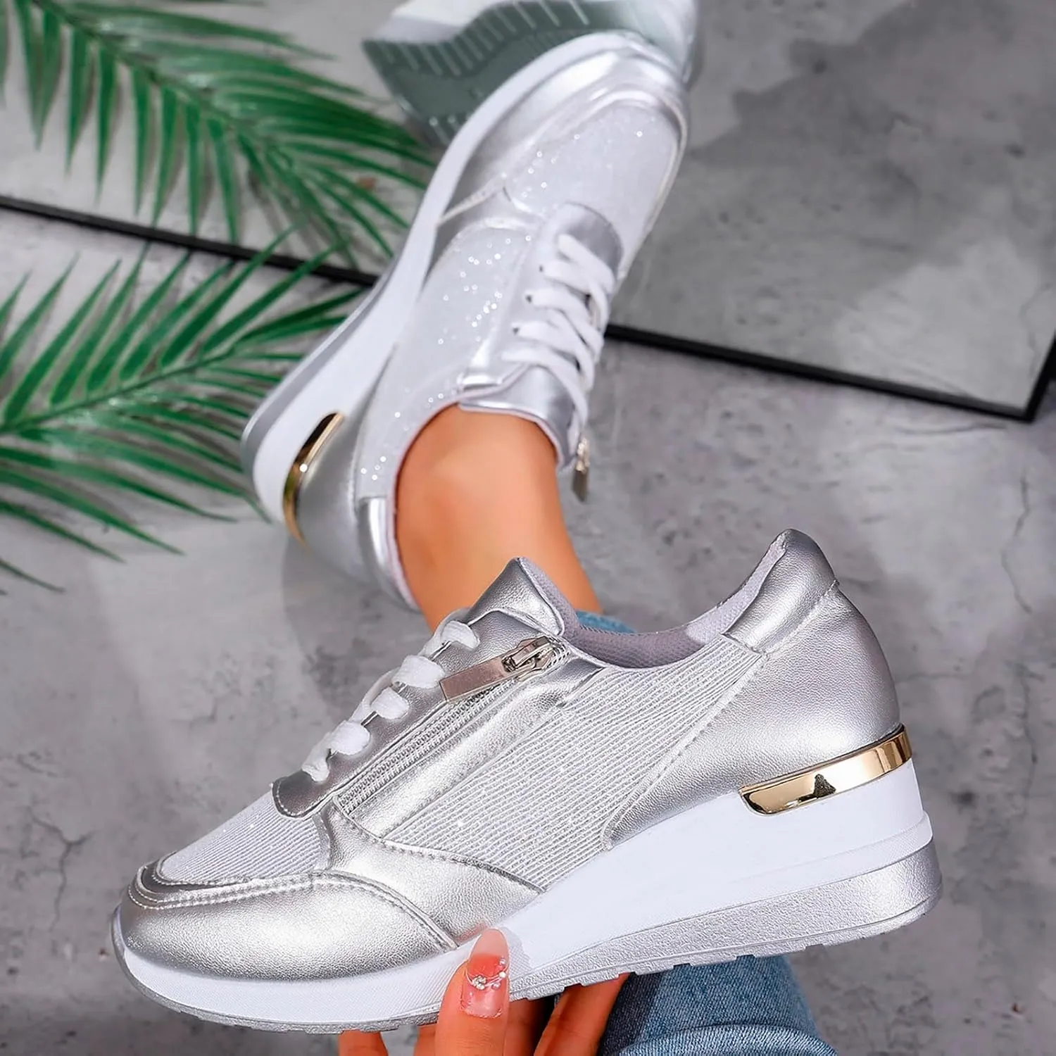 Walking Shoes for Women Low-Top Slip Ons Air Cushioned Lace Up Zipper Sparkly Fashion Casual Shoes Arch Support Jogging Tennis Sneaker Plantar Fasciitis Breathable Comfy Lightweight Shoe