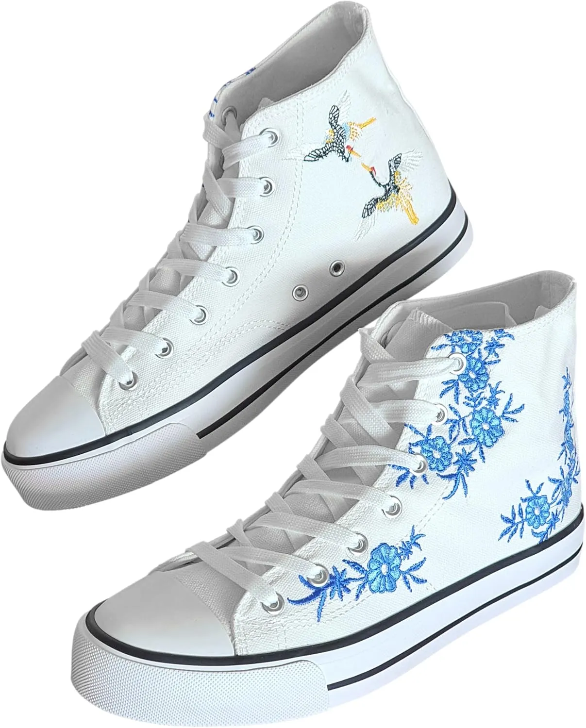 Women's Canvas High Top Embroidered Sneakers, Lace Up, White with Blue Floral Embroidery