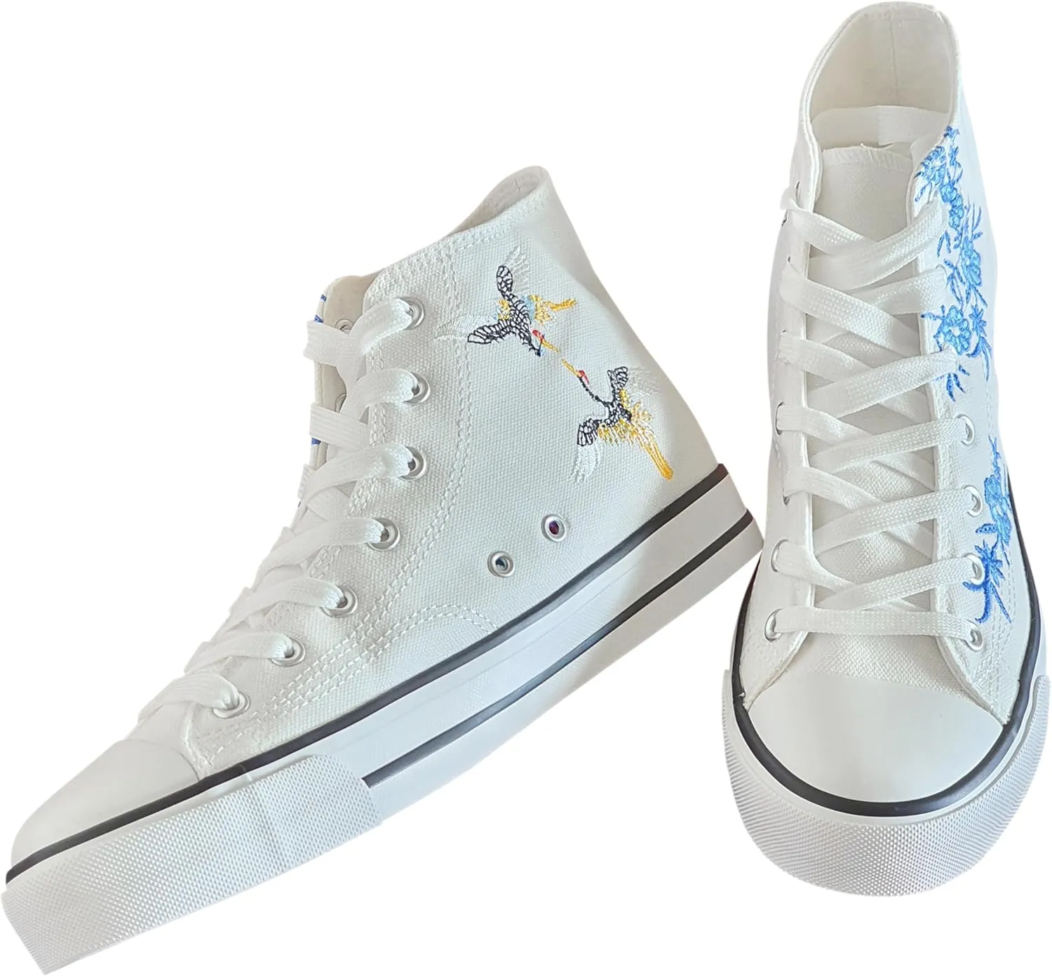 Women's Canvas High Top Embroidered Sneakers, Lace Up, White with Blue Floral Embroidery