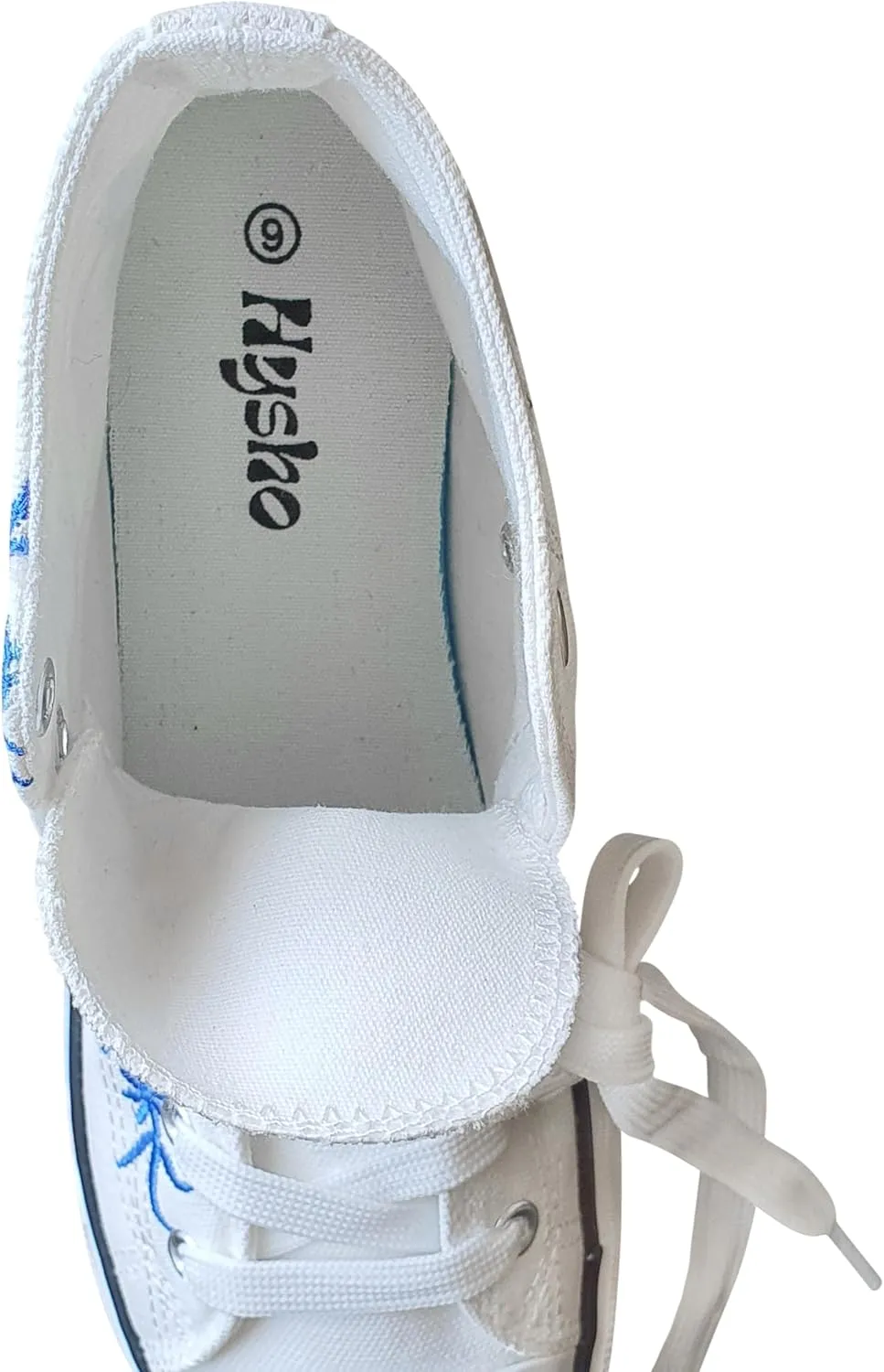 Women's Canvas High Top Embroidered Sneakers, Lace Up, White with Blue Floral Embroidery