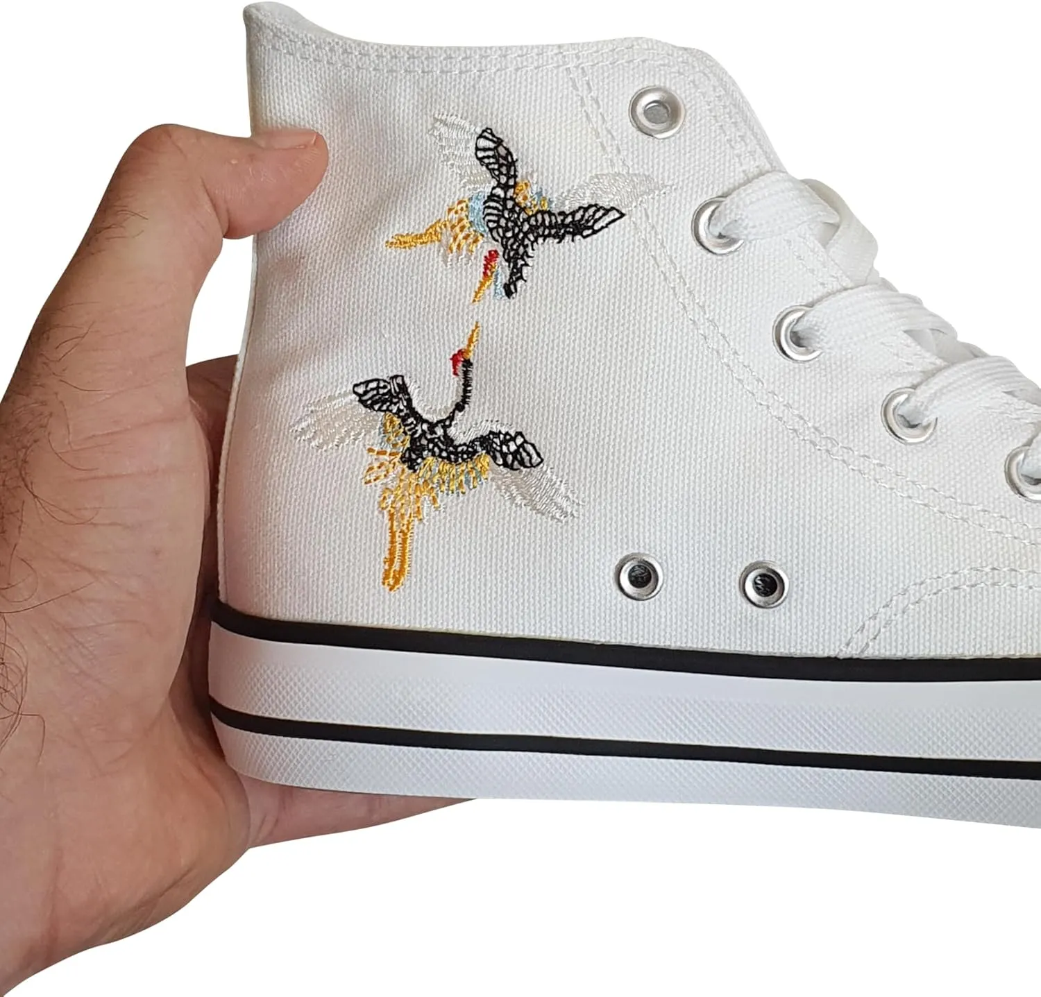 Women's Canvas High Top Embroidered Sneakers, Lace Up, White with Blue Floral Embroidery