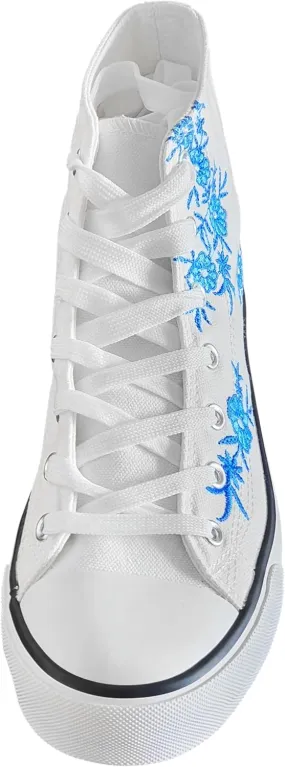 Women's Canvas High Top Embroidered Sneakers, Lace Up, White with Blue Floral Embroidery