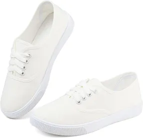 Womens White Canvas Sneakers Lightweight Lace Up Fashion Comfortable Canvas Shoes Low Top Slip On Casual Tennis Walking Shoes Women Footwear