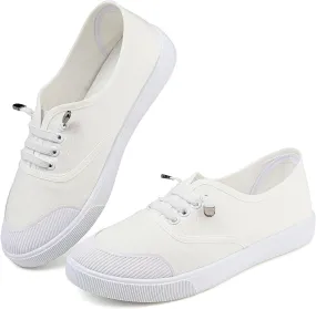 Womens White Canvas Sneakers Lightweight Lace Up Fashion Comfortable Canvas Shoes Low Top Slip On Casual Tennis Walking Shoes Women Footwear